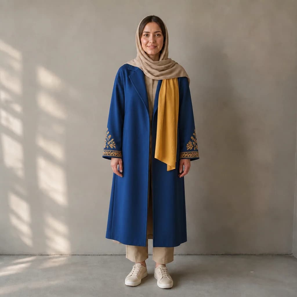 همان لباس با مانتوی آبی و جزئیات زعفرانی پس از ادیت با GPT Image 2