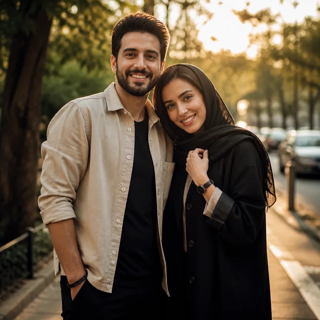 نمونه ساخت عکس دونفره با چت جی پی تی؛ پرترهی زوج جوان در نور طلایی تهران
