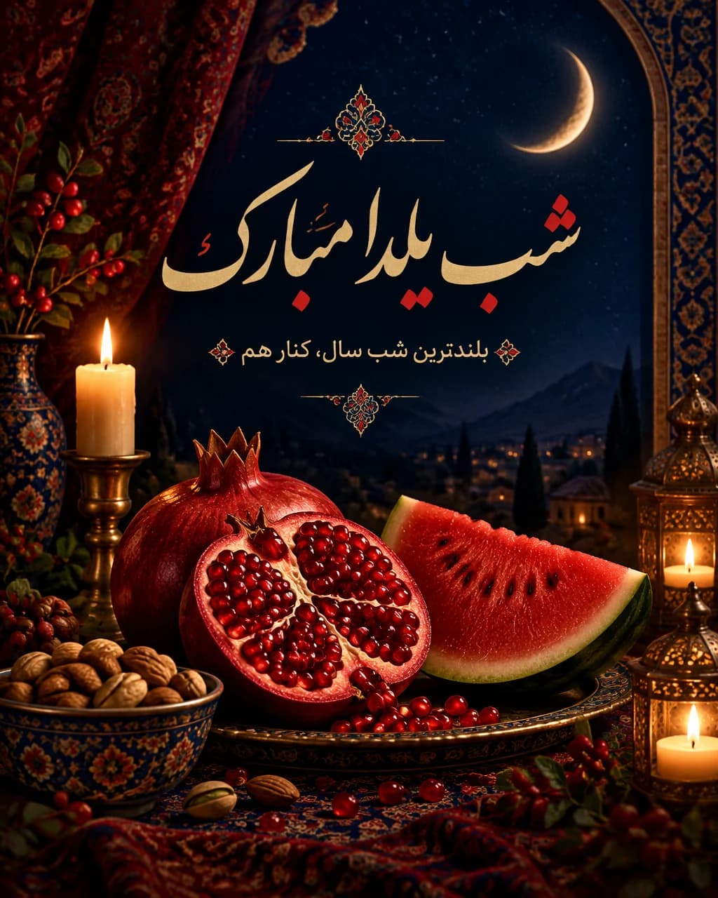 نمونه خروجی پرامپت پوستر تبریک شب یلدا با متن فارسی